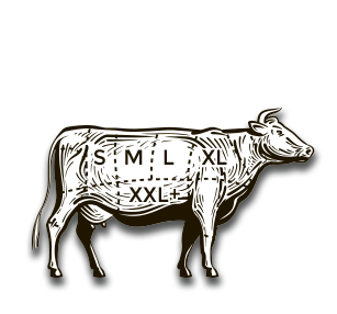 Cow logo with size icons